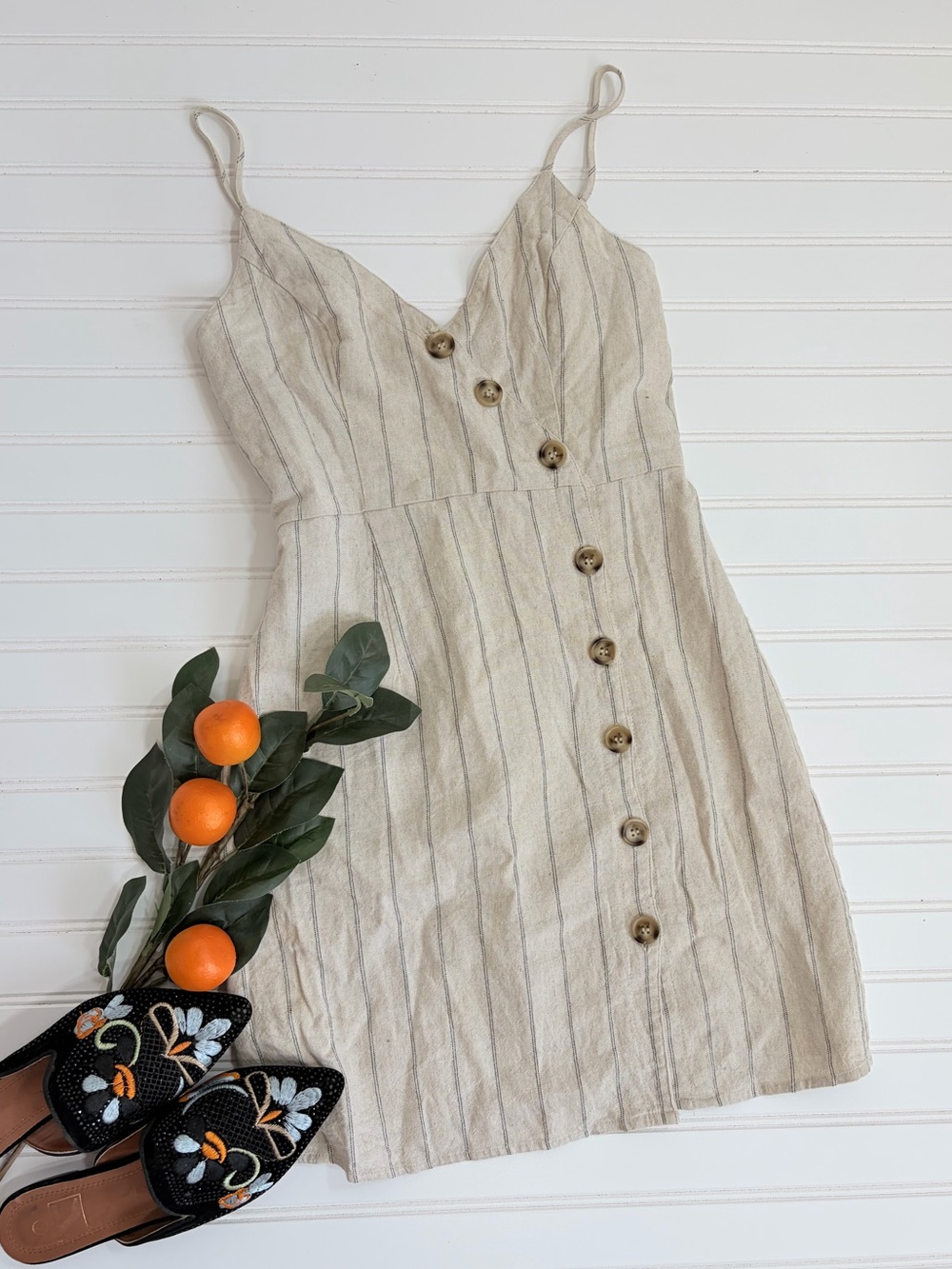 LECHE Striped Side Button Mini Linen Dress